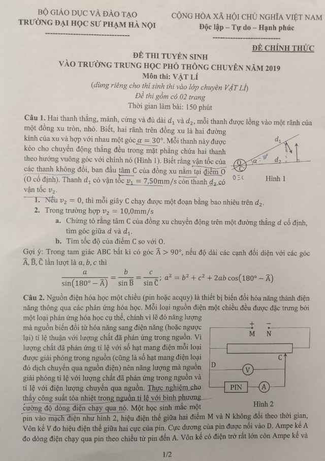 Trang 1, đề thi môn Vật lý vào lớp 10 Chuyên ĐH Sư phạm Hà Nội.