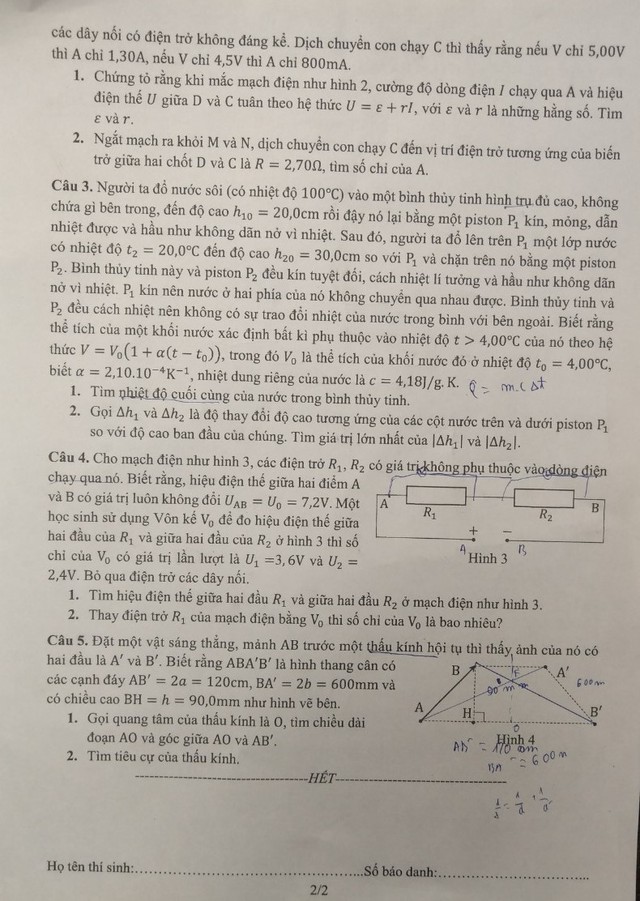 Trang 2, đề thi Vật lý vào lớp 10 Chuyên ĐH Sư phạm Hà Nội.