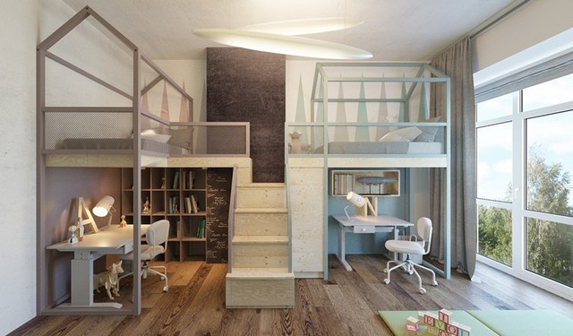 
Nếu gia đình bạn có 2 con thì cách thiết kế giường ngủ có cầu thang chung như thế này rất phù hợp. Ở dưới mỗi giường vẫn có khoảng không để kê bàn học.
