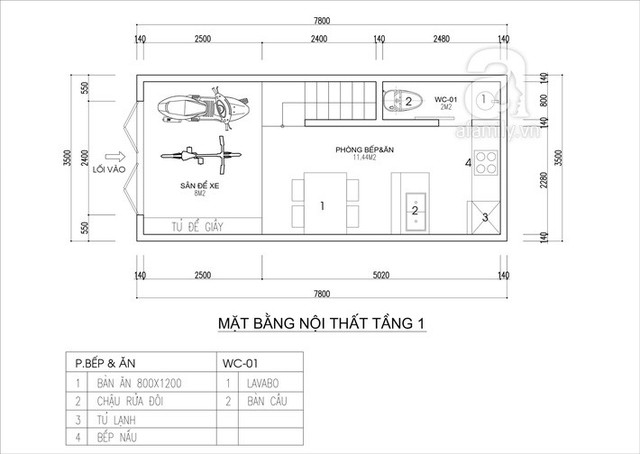 
Mặt bằng bố trí nội thất tầng 1.
