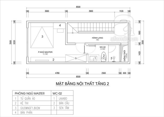 
Mặt bằng bố trí nội thất tầng 2.
