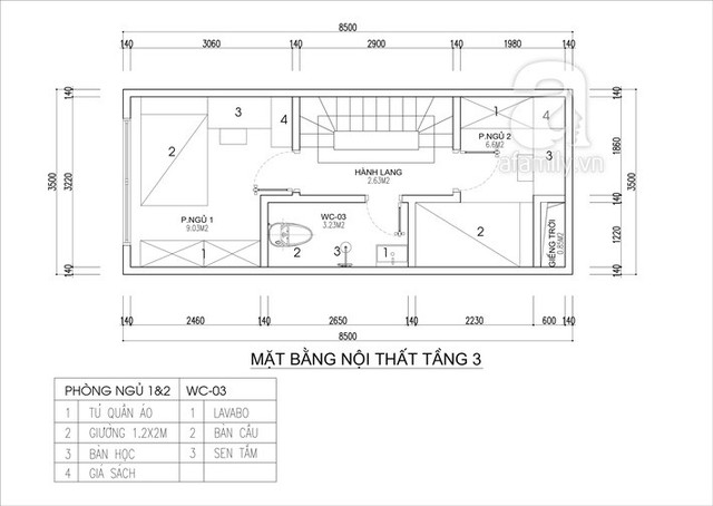 
Mặt bằng bố trí nội thất tầng 3.
