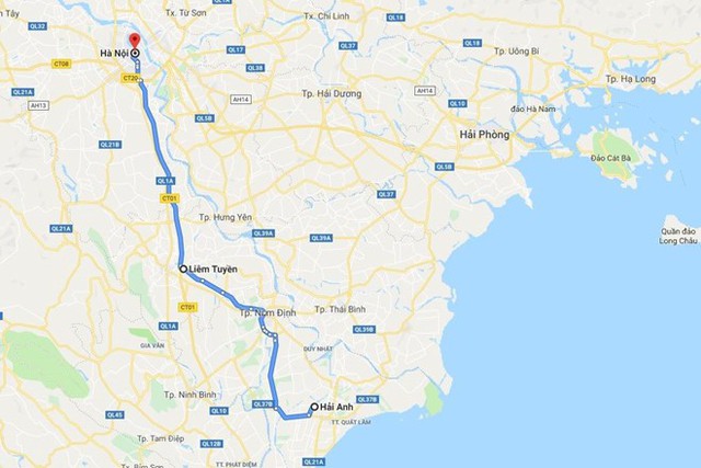 
Hành trình (dự kiến) của Tài từ xã Hải Anh lên Hà Nội. Khi dừng tại Liêm Tuyền, Tài đã đi được đúng nửa quãng đường. Ảnh: Google Maps.
