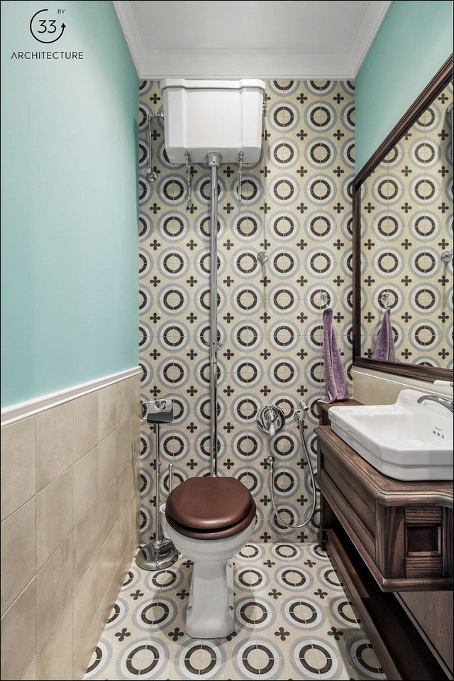 
Phòng tắm của khách có sự đồng nhất với nhà bếp với các bức tường màu lam.

