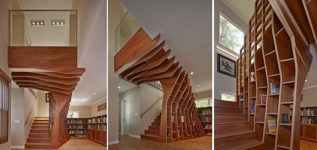 
Một thiết kế mang tầm vóc kiến trúc hoành tráng từ việc kết hợp cầu thang và giá sách. Chơi lớn đến thế này, thì ai chơi lại được.
