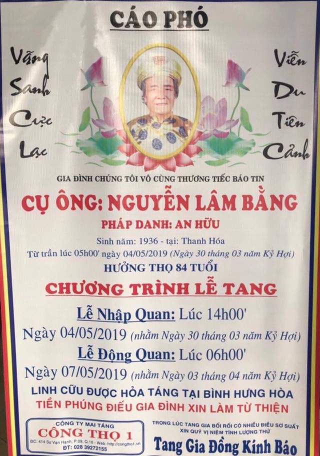 Cáo phó lễ tang của bố nghệ sĩ Việt Hương.