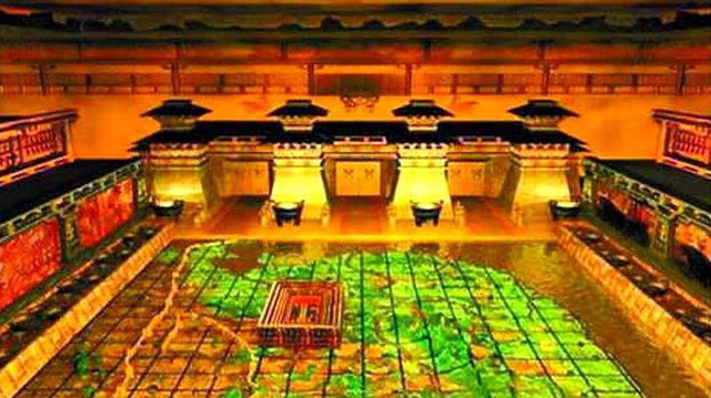 Hình vẽ mô tả địa cung trong lăng mộ hoàng đế Tần Thủy Hoàng.