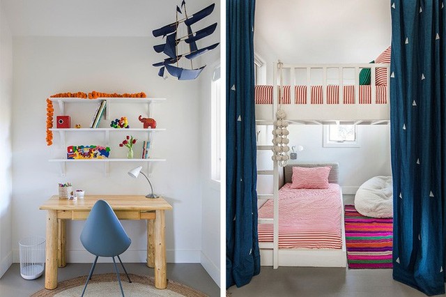 
Góc học tập và phòng ngủ của bé được trang trí màu sắc rực rỡ hơn mang lại không gian sinh hoạt phù hợp.
