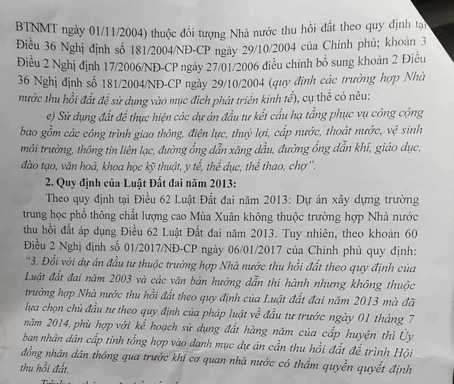 
Nội dung của Sở TNMT TP Hà Nội trả lời báo GĐXH về căn cứ thu hồi đất tại Dự án THPT chất lượng cao Mùa Xuân.
