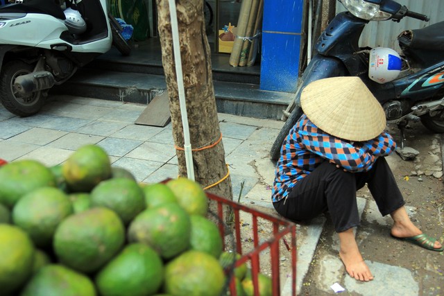 
“Nắng nóng phát hoảng, sức khoẻ ngày một yếu đi, thêm bệnh huyết áp cao nữa nên cứ rong xe thế thôi, chứ nắng nóng quá hay khi nào đầu tôi có hiện tượng ù ù, chao đảo như muốn ngất xỉu là phải tấp vào chỗ râm mát để lấy sức. Chả lẽ cứ nắng nóng là nghỉ ở nhà để không có thu nhập?”, bà Thơm, bán hoa quả chau mày nói khi vừa xong giấc ngủ trưa vội bên lề phố Hàng Da.
