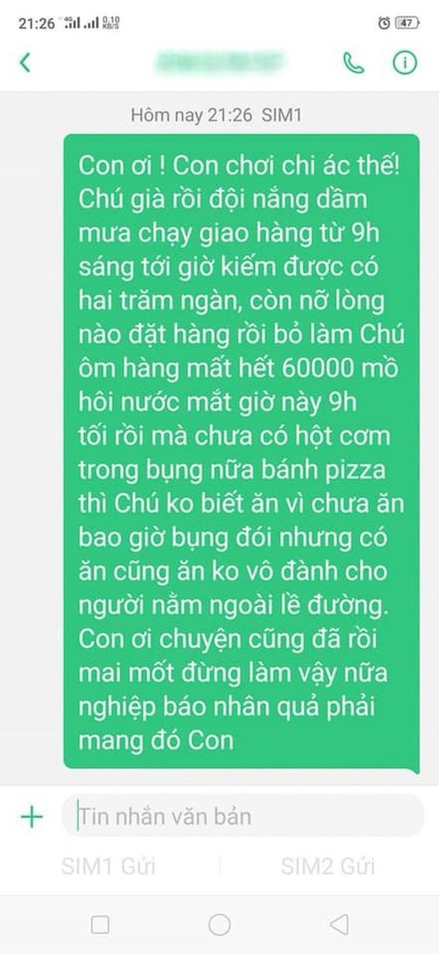 
 Những dòng tin nhắn bác Grab nhắn cho người bom hàng mình.
