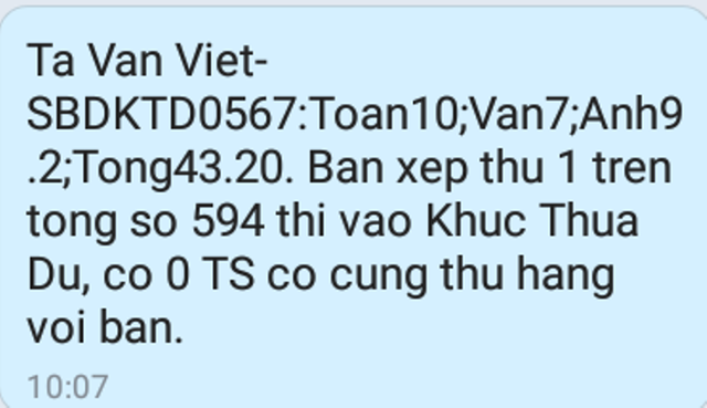 
Tổng số điểm em Việt đạt được trong kỳ thi tuyển vào lớp 10 công lập. Ảnh: Đ.Tùy
