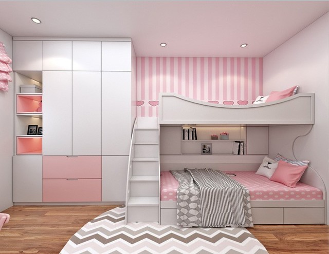 
Chiếc giường tầng xinh xắn với gam màu hồng cho phòng ngủ 2 con gái.
