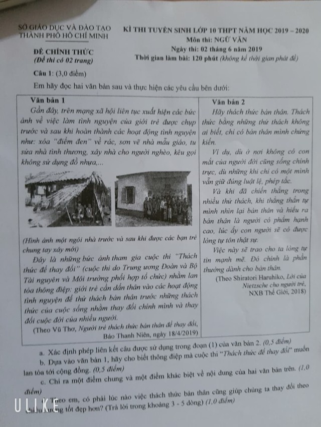 Trang 1, đề thi môn Ngữ văn vào lớp 10 tại TP.HCM sáng 2/6.