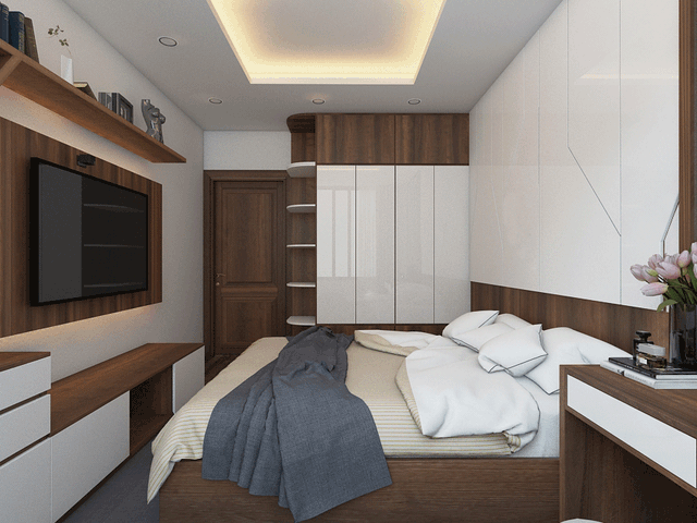 
Phòng ngủ hiện đại với 2 tông màu vân gỗ óc chó và màu trắng sang trọng.
