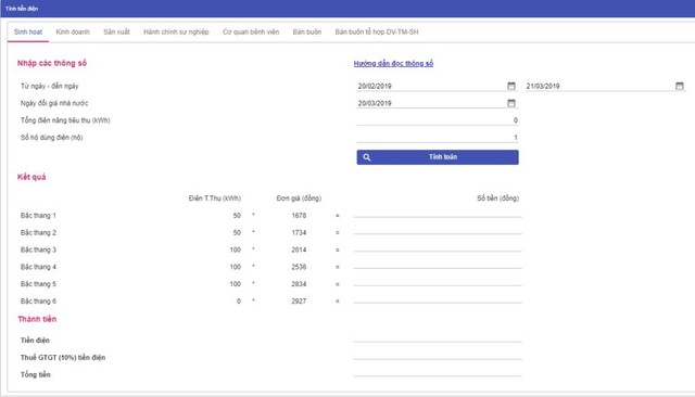 
Công cụ tính hóa đơn tiền điện trực tuyến trên website của EVN HANOI
