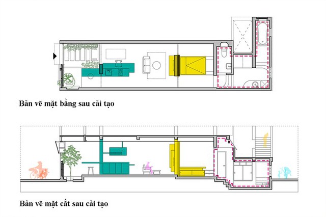 Để khắc phục tình trạng thiếu ánh sáng, thông gió và ẩm mốc, nhưng vẫn bảo tồn được ranh giới giữa khu vực nhà nguyên thủy và khu cơi nới, các kiến trúc sư của quyết định thay đổi kích thước hai bức tường kết cấu, thiết lập các tổ hợp nội thất xung quanh hai bức tường này, và thay đổi cao độ sàn để phân chia phòng.