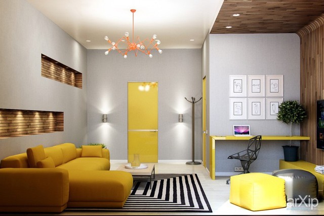 Phòng khách sang chảnh khi sử dụng có nội thất màu vàng - Ảnh 2.