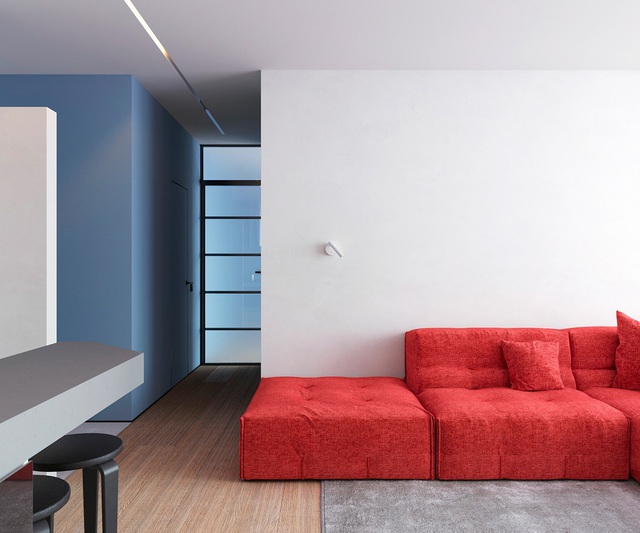 Vỏn vẹn 64m² nhưng căn hộ nhỏ này gây ấn tượng mạnh về mặt thị giác với hai gam màu đỏ - xanh rực rỡ - Ảnh 1.