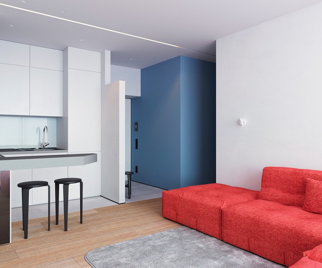 Vỏn vẹn 64m² nhưng căn hộ nhỏ này gây ấn tượng mạnh về mặt thị giác với hai gam màu đỏ - xanh rực rỡ - Ảnh 2.