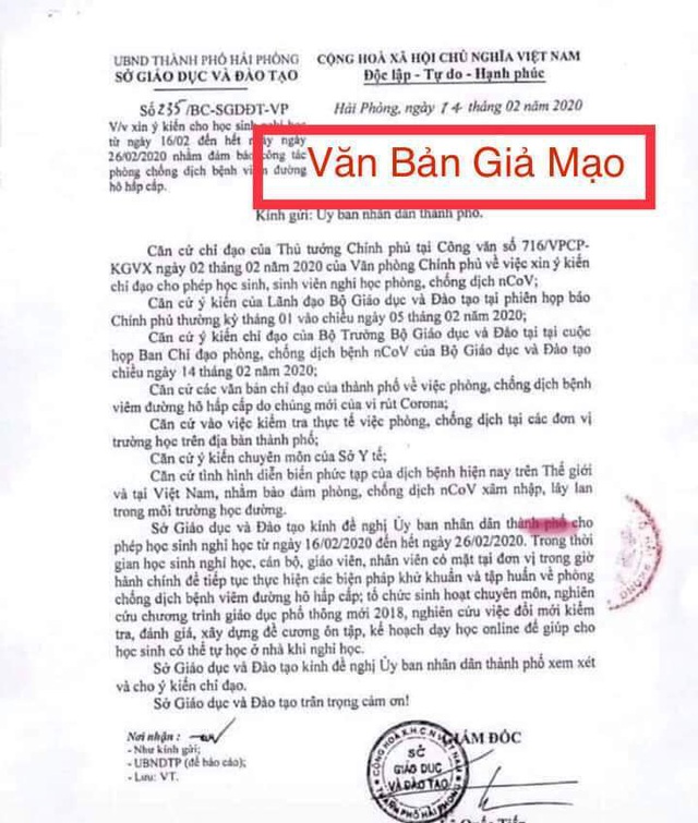 Hải Phòng: Lan truyền văn bản giả mạo cho học sinh nghỉ đến 26/02 vì dịch COVID-19 - Ảnh 2.