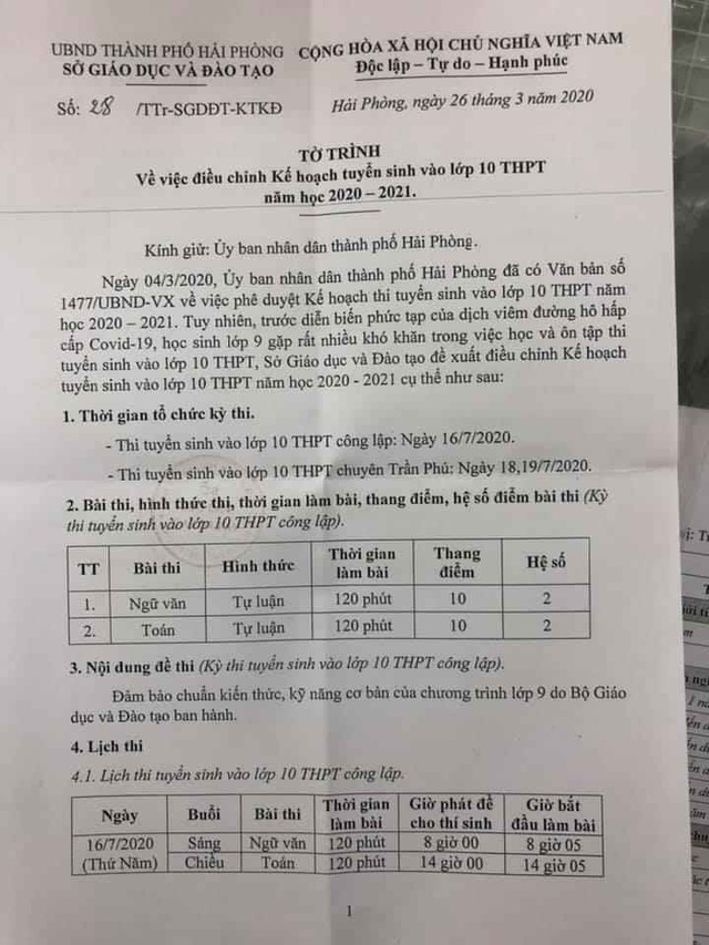 Sở GD&ĐT Hải Phòng điều chỉnh tiếp kế hoạch thi vào lớp 10 (2020-2021) vì COVID-19 - Ảnh 2.