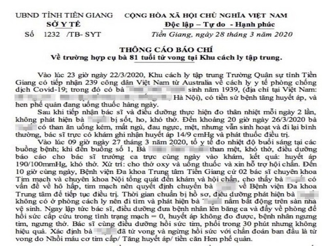 Tiền Giang thông báo về cụ bà 81 tuổi tử vong tại khu cách ly - Ảnh 4.