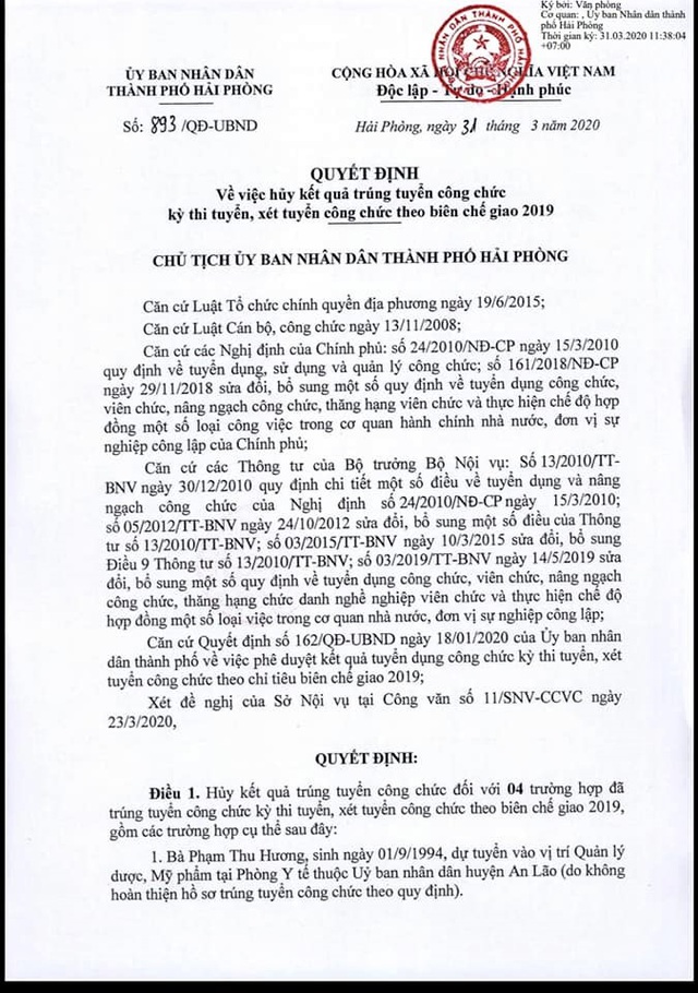 Hải Phòng: Hủy bỏ kết quả trúng tuyển công chức của 4 trường hợp - Ảnh 1.