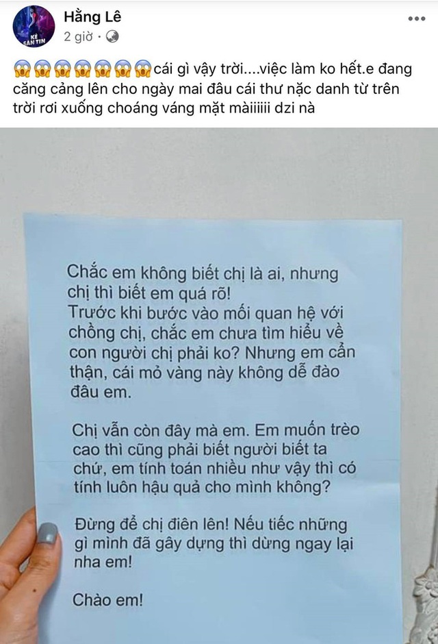 Minh Hằng bị đe dọa bằng thư nặc danh, tố là kẻ giật chồng người khác - Ảnh 1.