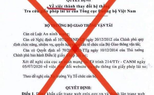  Giả mạo quyết định của Bộ trưởng Nguyễn Văn Thể về thay đổi hệ thống tra cứu giấy phép lái xe - Ảnh 1.