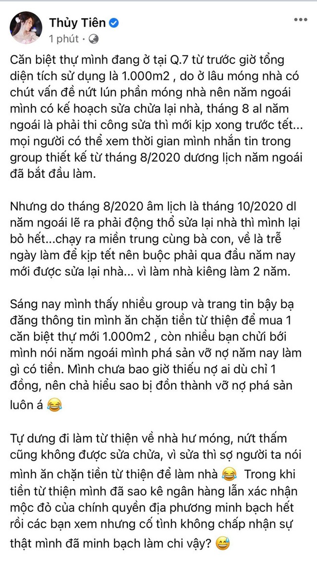 Bị tung tin vỡ nợ, ăn chặn tiền từ thiện để mua biệt thự 1000m2, Thủy Tiên lên tiếng: Các bạn có thể sống mà bớt nghiệt ngã với mình một chút được không - Ảnh 2.