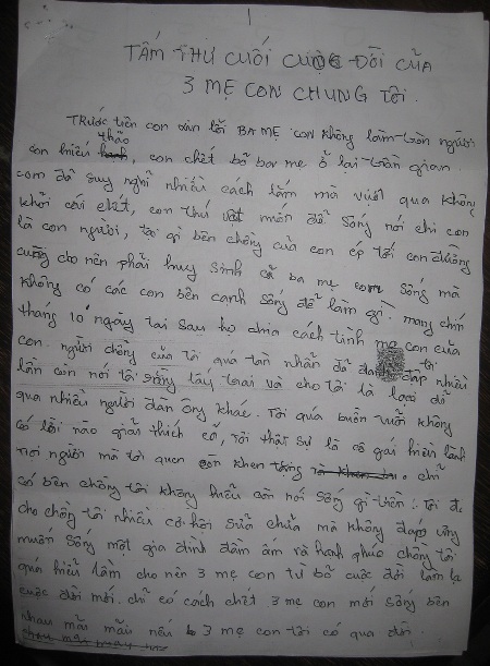 Thắt l&ograve;ng bức t&acirc;m thư của c&ocirc; d&acirc;u Việt tự tử c&ugrave;ng hai con 1