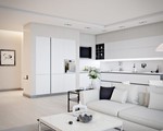 Căn hộ màu trắng có thiết kế đẹp nhẹ nhàng với phòng khách liền kề nhà bếp