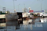 Thùng xe container bị lật hàng chục ngàn lít dầu điều tràn ra đường Thùng xe container bị lật hàng chục ngàn lít dầu điều tràn ra đường
