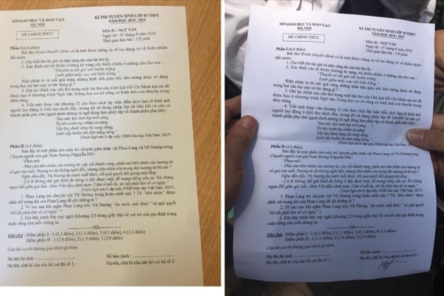 
Đề thi Ngữ văn lan truyền trên mạng (trái ảnh) và đề thi chính thức giống hệt nhau. Ảnh: PV
