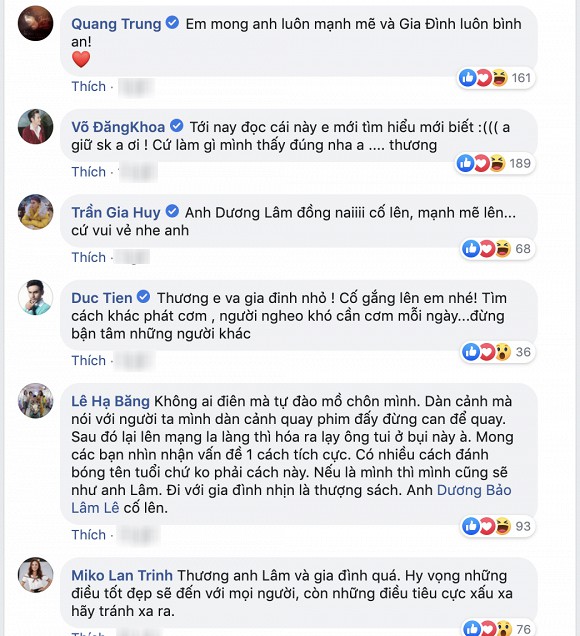 Nhiều sao Việt để lại bình luận bênh vực, động viên Bảo Lâm