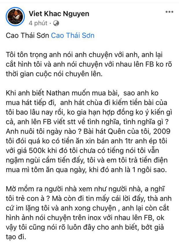 Khắc Việt tố Cao Thái Sơn ép giá mua bài 1 triệu xuống 500k, hát chùa, cắt hình chat đăng FB và chốt bớt giả tạo đi - Ảnh 5.