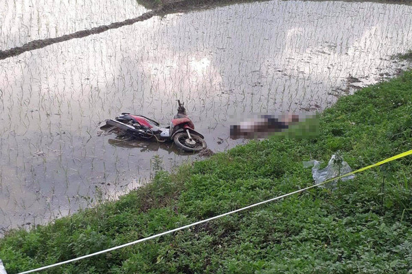 Thi thể nam thanh niên bên xe máy dưới ruộng lúa ở Hà Nội - Ảnh 1.