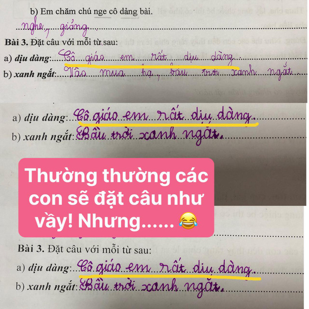 Học sinh tiểu học làm bài đặt câu khiến cô giáo phải bật cười - Ảnh 1.