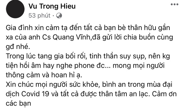 Nghệ sĩ Quang Vĩnh đột ngột qua đời giữa mùa dịch, người thân lên tiếng tiết lộ nguyên nhân và gửi lời cảm tạ - Ảnh 2.