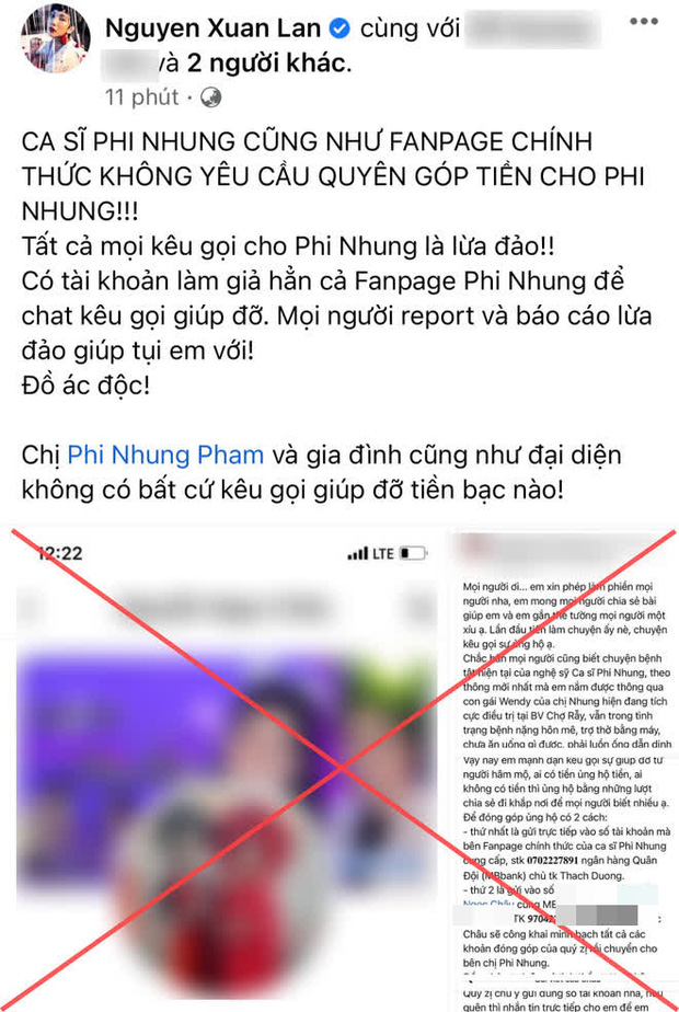 Xuân Lan bức xúc thông báo có kẻ xấu lập tài khoản kêu gọi ủng hộ Phi Nhung, khẳng định tất cả đều là lừa đảo - Ảnh 2.