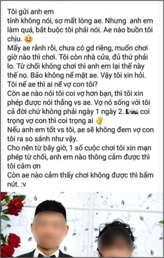 “Tuyên ngôn” của chú rể mới cưới thích nhậu nhẹt được chia sẻ rầm rộ: “Tôi nể mặt anh em thì ai nể mặt vợ con tôi”! - Ảnh 1.