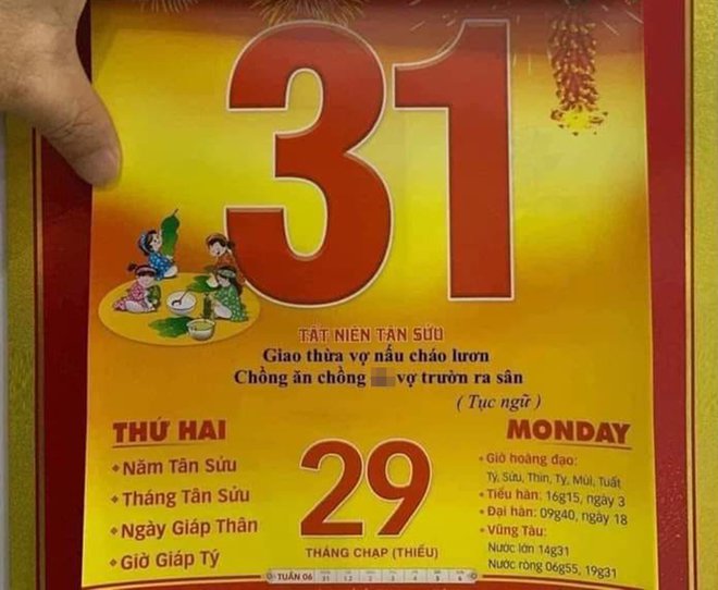 Xôn xao tờ lịch ngày 29 Tết xuất hiện dòng ca dao tục ngữ có từ thô tục, nhạy cảm gây bức xúc: Giao thừa vợ nấu cháo lươn... - Ảnh 1. Xôn xao tờ lịch ngày 29 Tết xuất hiện dòng ca dao tục ngữ có từ thô tục, nhạy cảm gây bức xúc: Giao thừa vợ nấu cháo lươn... - Ảnh 1.