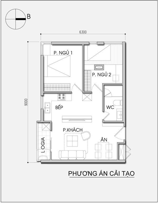 Cải tạo căn hộ 56m2 thoáng đãng cho gia đình trẻ