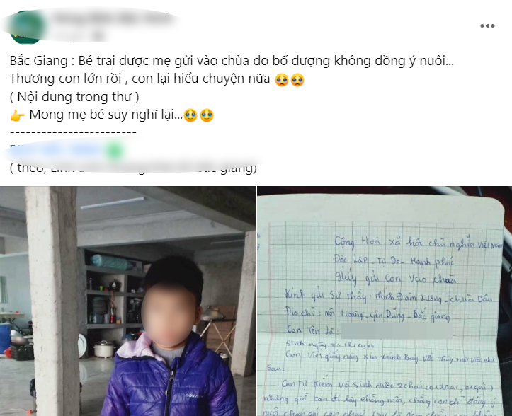 Xác minh nhân thân bé trai 6 tuổi bị mẹ bỏ lại ở chùa Dâu vì bố dượng không cho nuôi - Ảnh 1. Xác minh nhân thân bé trai 6 tuổi bị mẹ bỏ lại ở chùa Dâu vì bố dượng không cho nuôi - Ảnh 1.