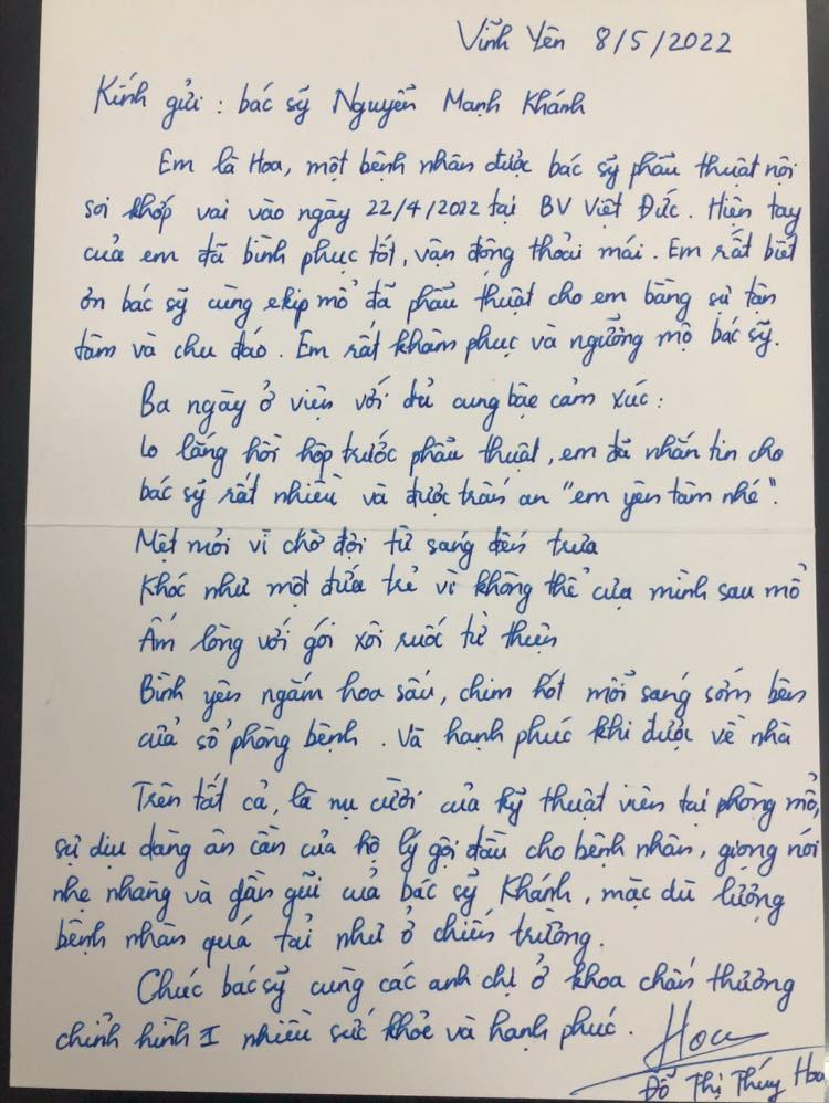 Cảm động tâm thư của bệnh nhân Vĩnh Yên gửi đội ngũ bác sỹ phẫu thuật nội soi khớp vai - Ảnh 2.