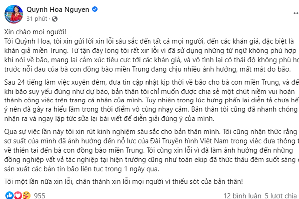 Quỳnh Hoa - BTV VTV &quot;vạ miệng&quot; về bão Noru công khai lên tiếng khán giả - Ảnh 2.