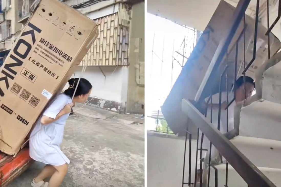 Trung Quốc: Nữ sinh cõng tủ lạnh giao hàng thay cha tàn tật - Ảnh 1.