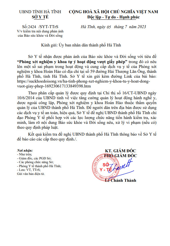 Phòng xét nghiệm y khoa tự ý hoạt động vượt giấy phép: Sở Y tế chỉ đạo vào cuộc - Ảnh 1.