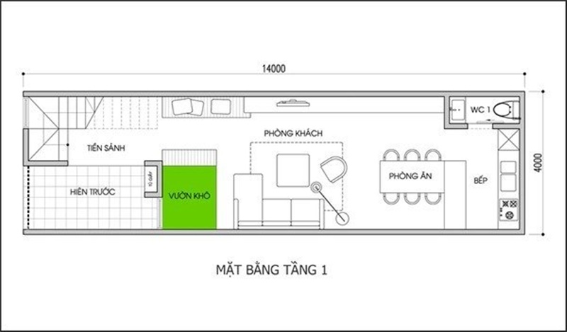 Thiết kế nhà ống 56m2 có mặt tiền hẹp và chiều sâu lớn - Ảnh 1.